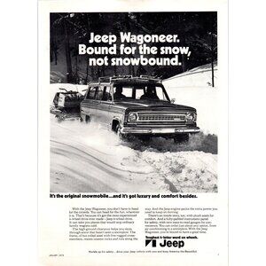 1973 Jeep Wagoneer SUVBound for Snow Snowmobiles Vintage Print Ad 70s Wall Art